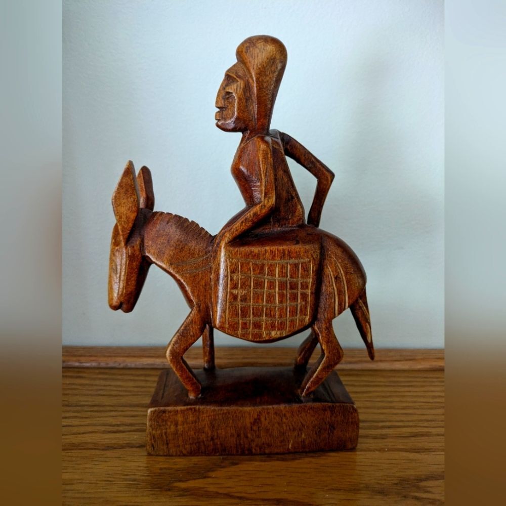 Vintage 70s Haitian Wood Carved Person Riding Donkey 8" Tall Statue Folk Art